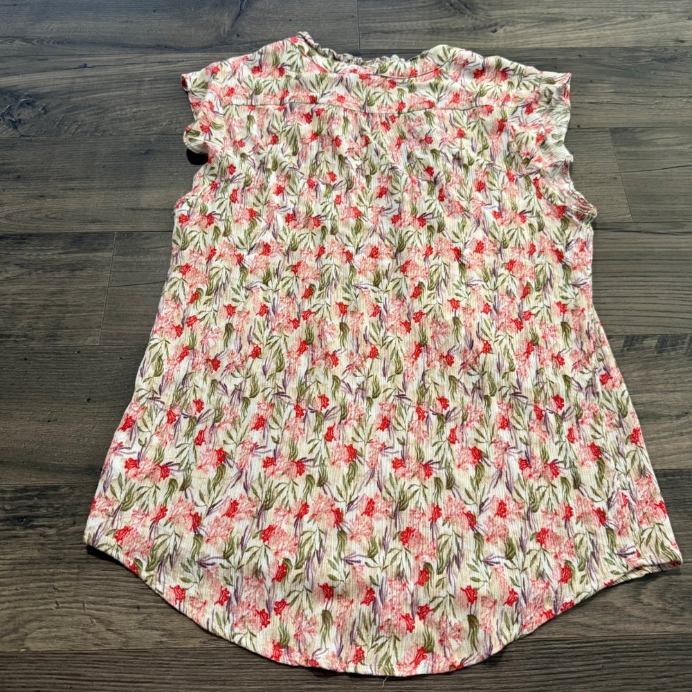 Monday Fun Floral V-Neck Cap Sleeve Rayon Blouse Red Green Large FT63021-3 - Picture 3 of 7